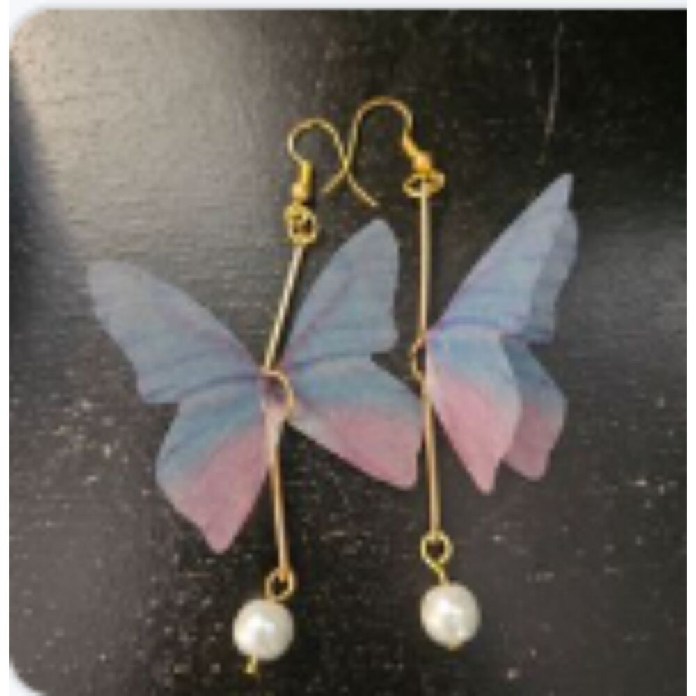 Blue & Pink Sheer 2.5" Gold Hanging Butterfly Handmade Earrings Brand New